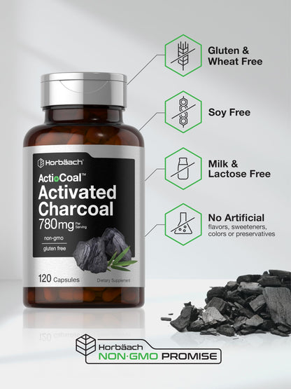 Horbäach Charcoal Pills 780mg – 120 Capsules | Activated Charcoal from Coconut Shells | Non-GMO & Gluten Free | Acti-Coal