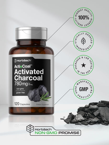 Horbäach Charcoal Pills 780mg – 120 Capsules | Activated Charcoal from Coconut Shells | Non-GMO & Gluten Free | Acti-Coal