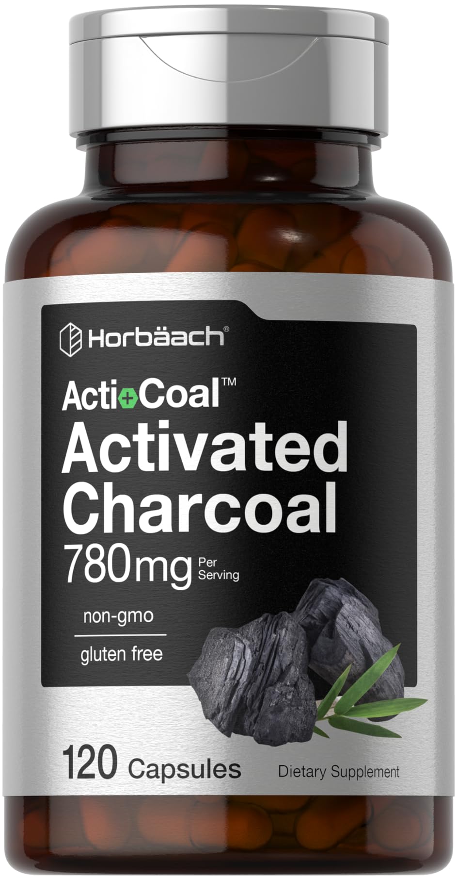 Horbäach Charcoal Pills 780mg – 120 Capsules | Activated Charcoal from Coconut Shells | Non-GMO & Gluten Free | Acti-Coal