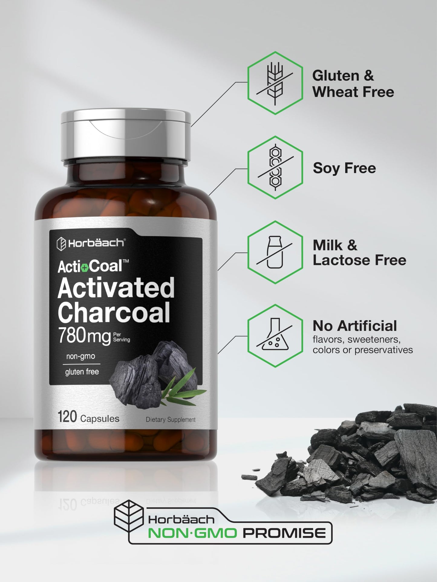 Horbäach Charcoal Pills 780mg – 120 Capsules | Activated Charcoal from Coconut Shells | Non-GMO & Gluten Free | Acti-Coal