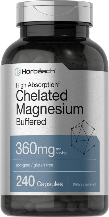 Horbäach Chelated Magnesium 360mg – 240 Capsules | Non-GMO & Gluten Free