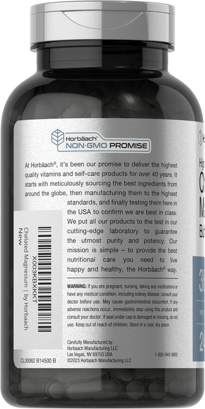 Horbäach Chelated Magnesium 360mg – 240 Capsules | Non-GMO & Gluten Free