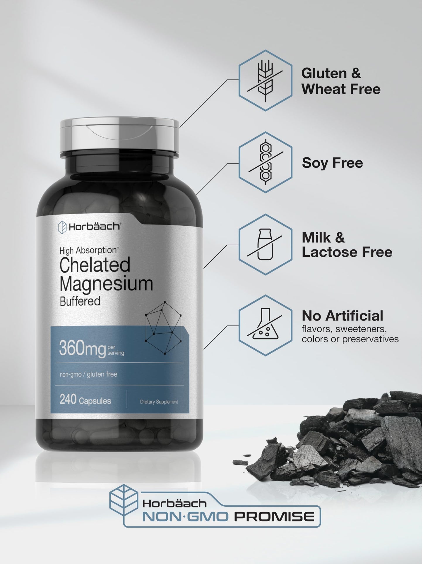 Horbäach Chelated Magnesium 360mg – 240 Capsules | Non-GMO & Gluten Free