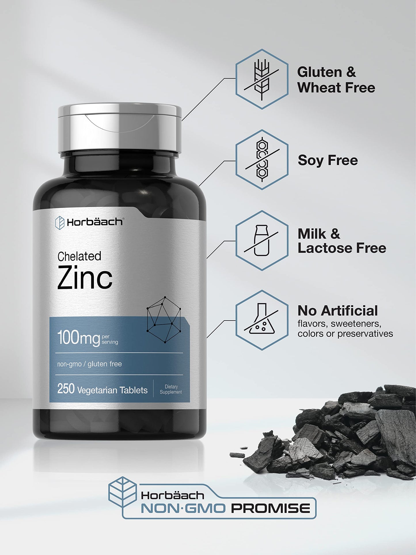 Horbäach Chelated Zinc Supplement 100 mg – 250 Tablets | High Potency & Superior Absorption | Vegetarian, Non-GMO, Gluten Free