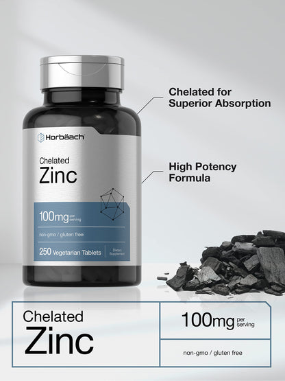 Horbäach Chelated Zinc Supplement 100 mg – 250 Tablets | High Potency & Superior Absorption | Vegetarian, Non-GMO, Gluten Free