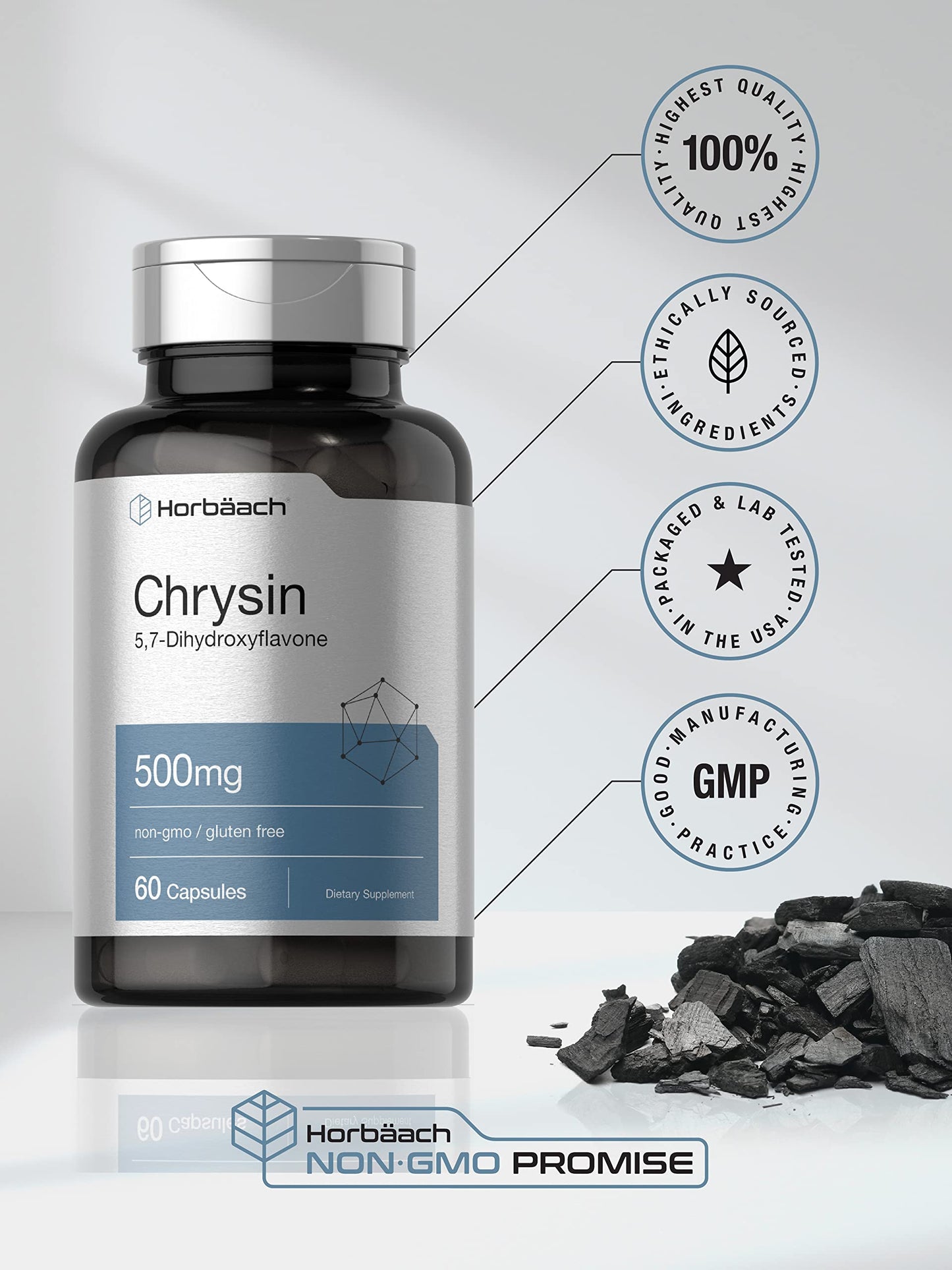 Horbäach Chrysin Supplement | 500mg | 60 Capsules | Passion Flower Extract | Non-GMO, Gluten Free Supplement