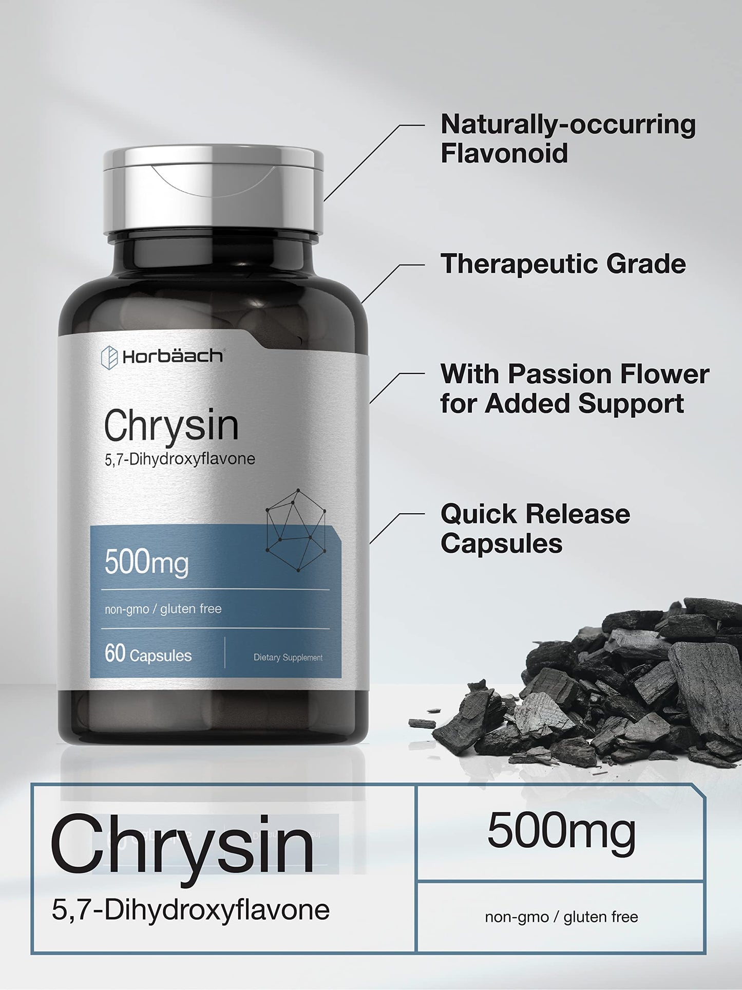 Horbäach Chrysin Supplement | 500mg | 60 Capsules | Passion Flower Extract | Non-GMO, Gluten Free Supplement