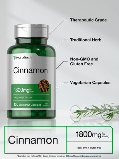 Horbäach Cinnamon Capsules 1800mg | 150 Count | Ceylon Cinnamon Supplement | Vegetarian, Non-GMO, Gluten Free