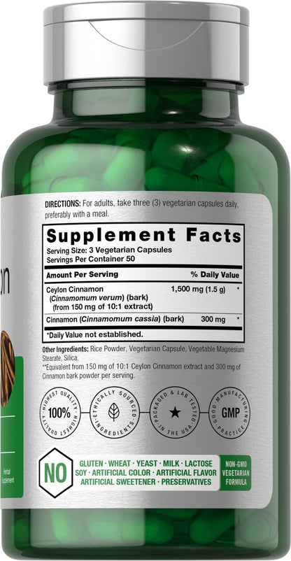 Horbäach Cinnamon Capsules 1800mg | 150 Count | Ceylon Cinnamon Supplement | Vegetarian, Non-GMO, Gluten Free