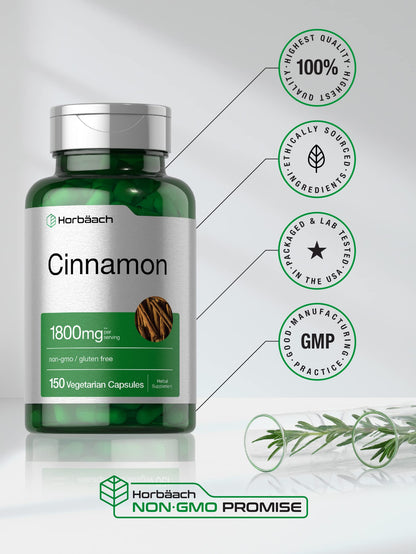 Horbäach Cinnamon Capsules 1800mg | 150 Count | Ceylon Cinnamon Supplement | Vegetarian, Non-GMO, Gluten Free