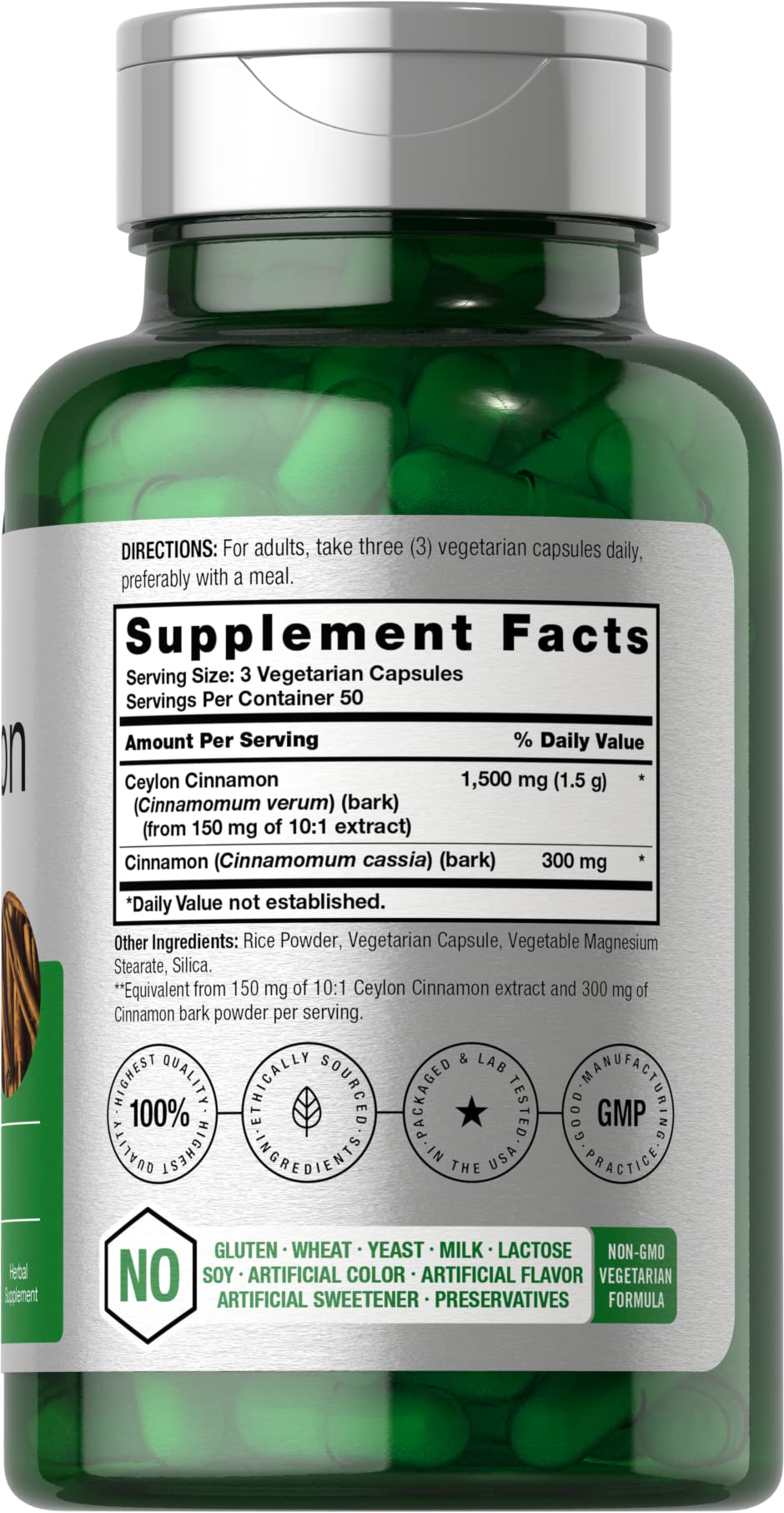 Horbäach Cinnamon Capsules 1800mg | 150 Count | Ceylon Cinnamon Supplement | Vegetarian, Non-GMO, Gluten Free