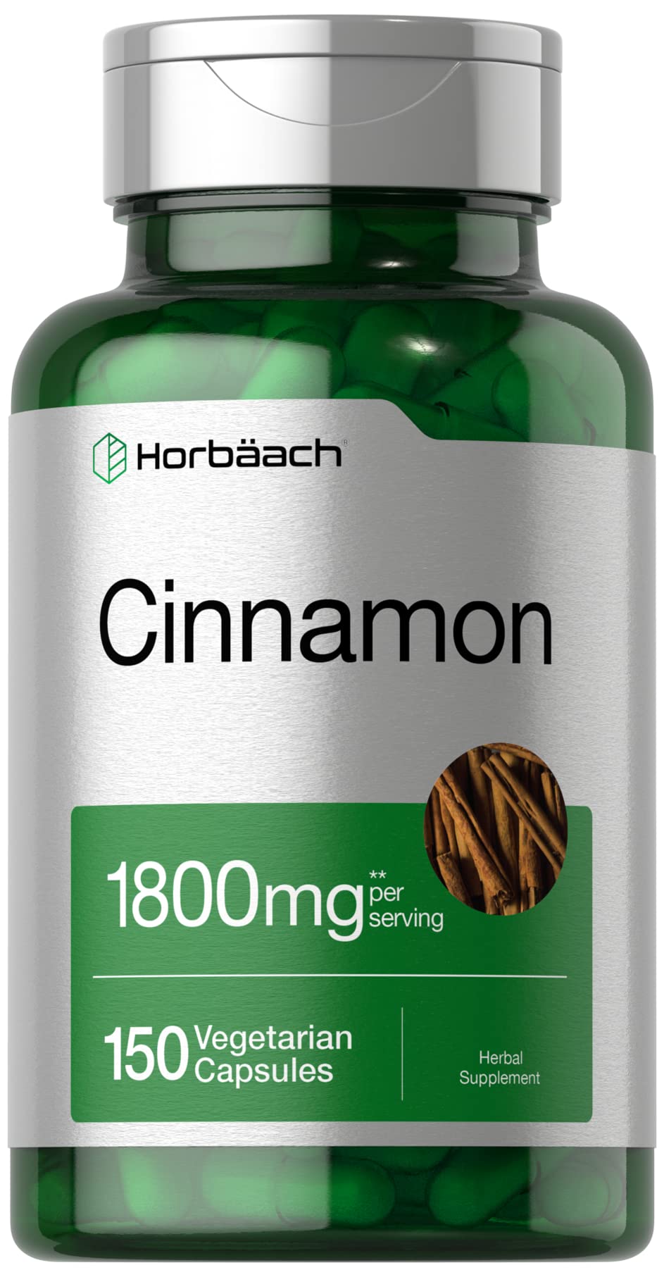 Horbäach Cinnamon Capsules 1800mg | 150 Count | Ceylon Cinnamon Supplement | Vegetarian, Non-GMO, Gluten Free