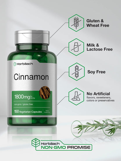 Horbäach Cinnamon Capsules 1800mg | 150 Count | Ceylon Cinnamon Supplement | Vegetarian, Non-GMO, Gluten Free