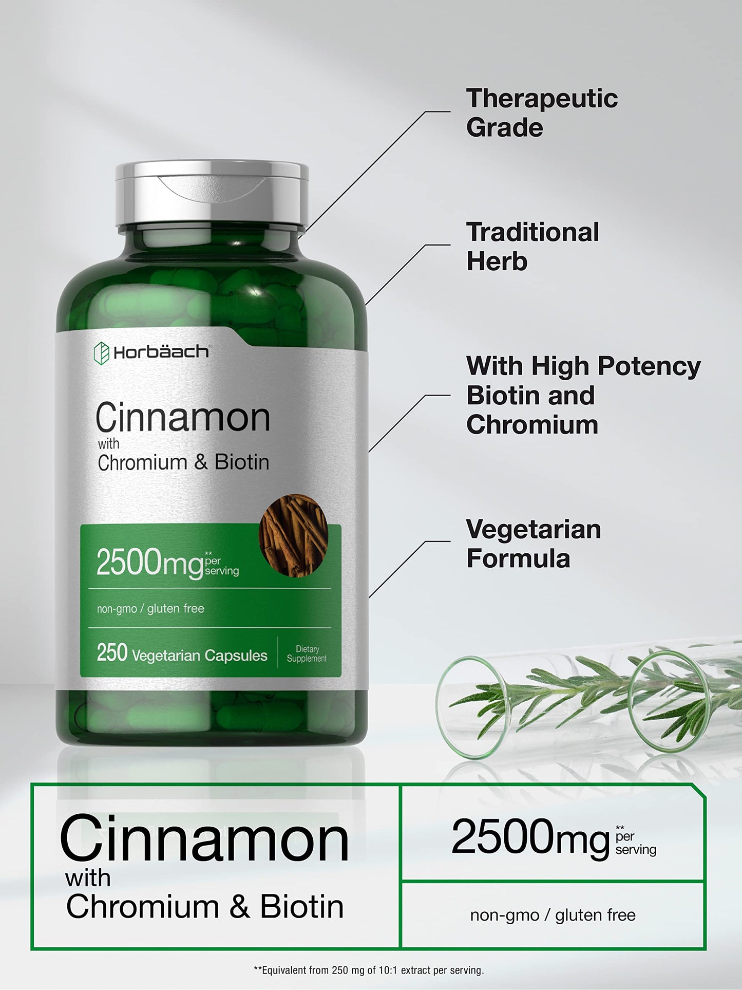 Horbäach Cinnamon with Chromium Picolinate – 2500mg, 250 Capsules, Biotin