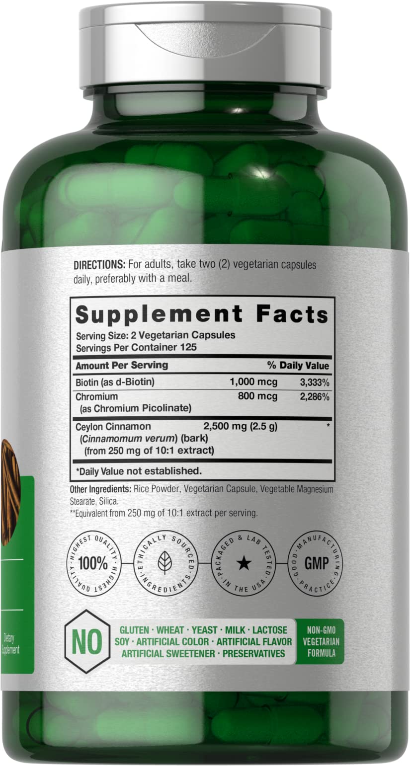 Horbäach Cinnamon with Chromium Picolinate – 2500mg, 250 Capsules, Biotin