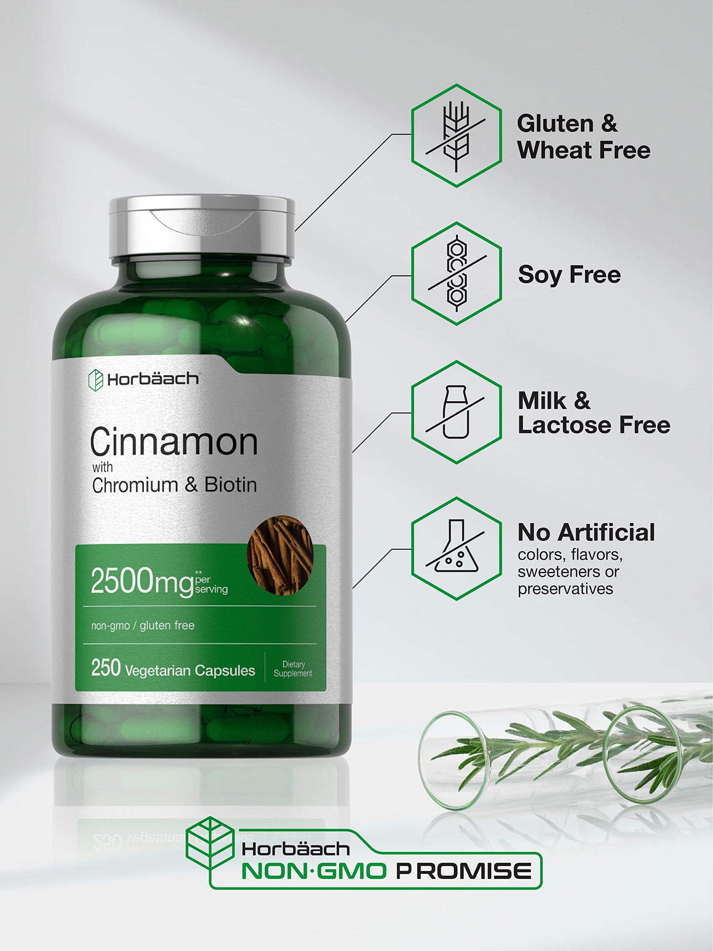 Horbäach Cinnamon with Chromium Picolinate – 2500mg, 250 Capsules, Biotin
