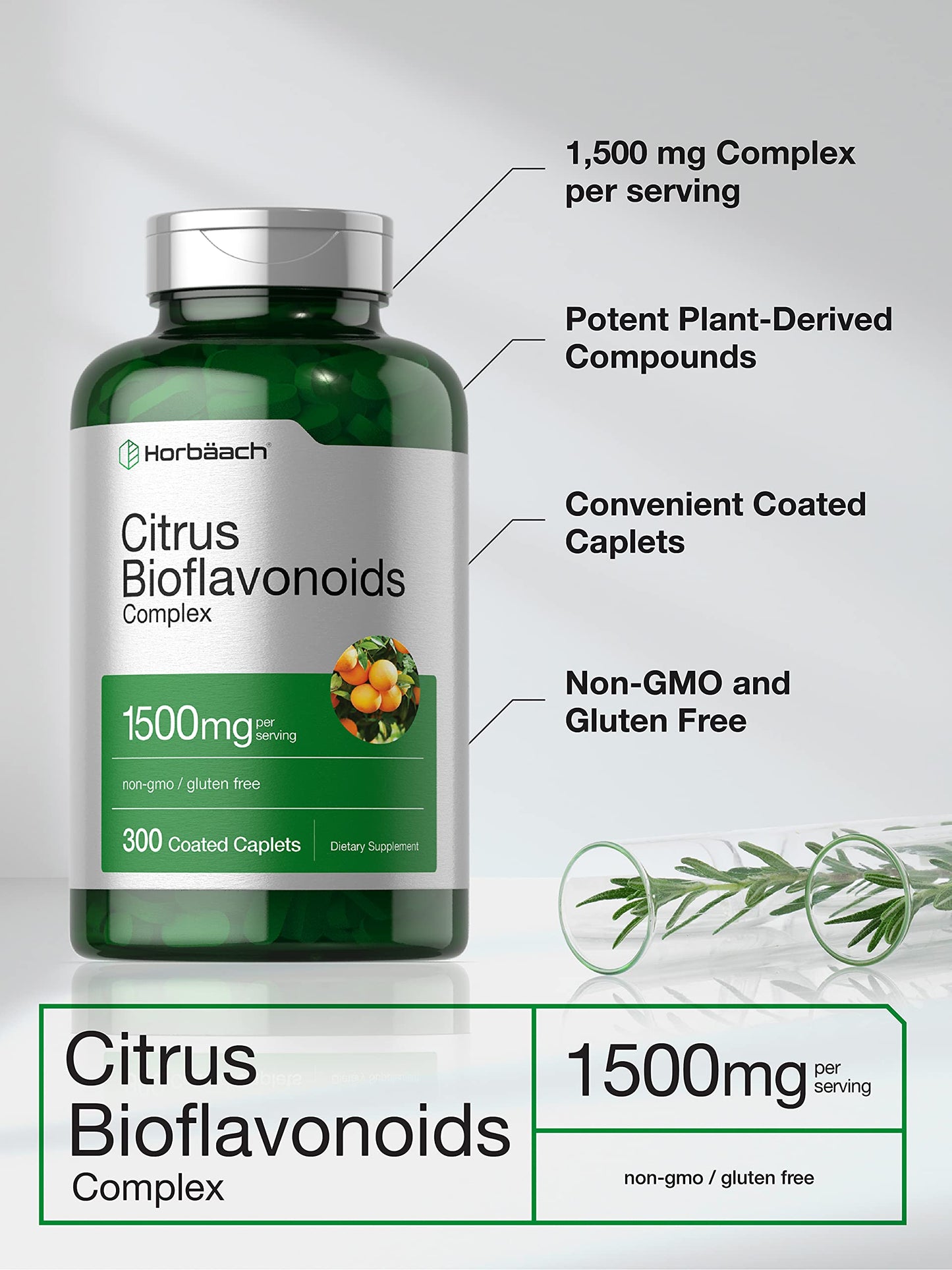 Horbäach Citrus Bioflavonoids Supplement – 1500mg, 300 Caplets | Vegetarian, Non-GMO, Gluten Free | Value Size