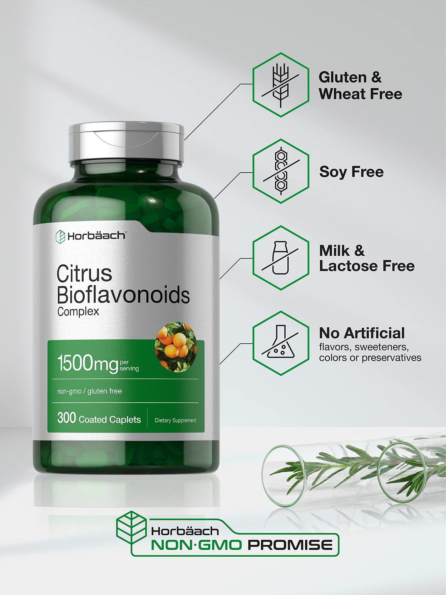 Horbäach Citrus Bioflavonoids Supplement – 1500mg, 300 Caplets | Vegetarian, Non-GMO, Gluten Free | Value Size