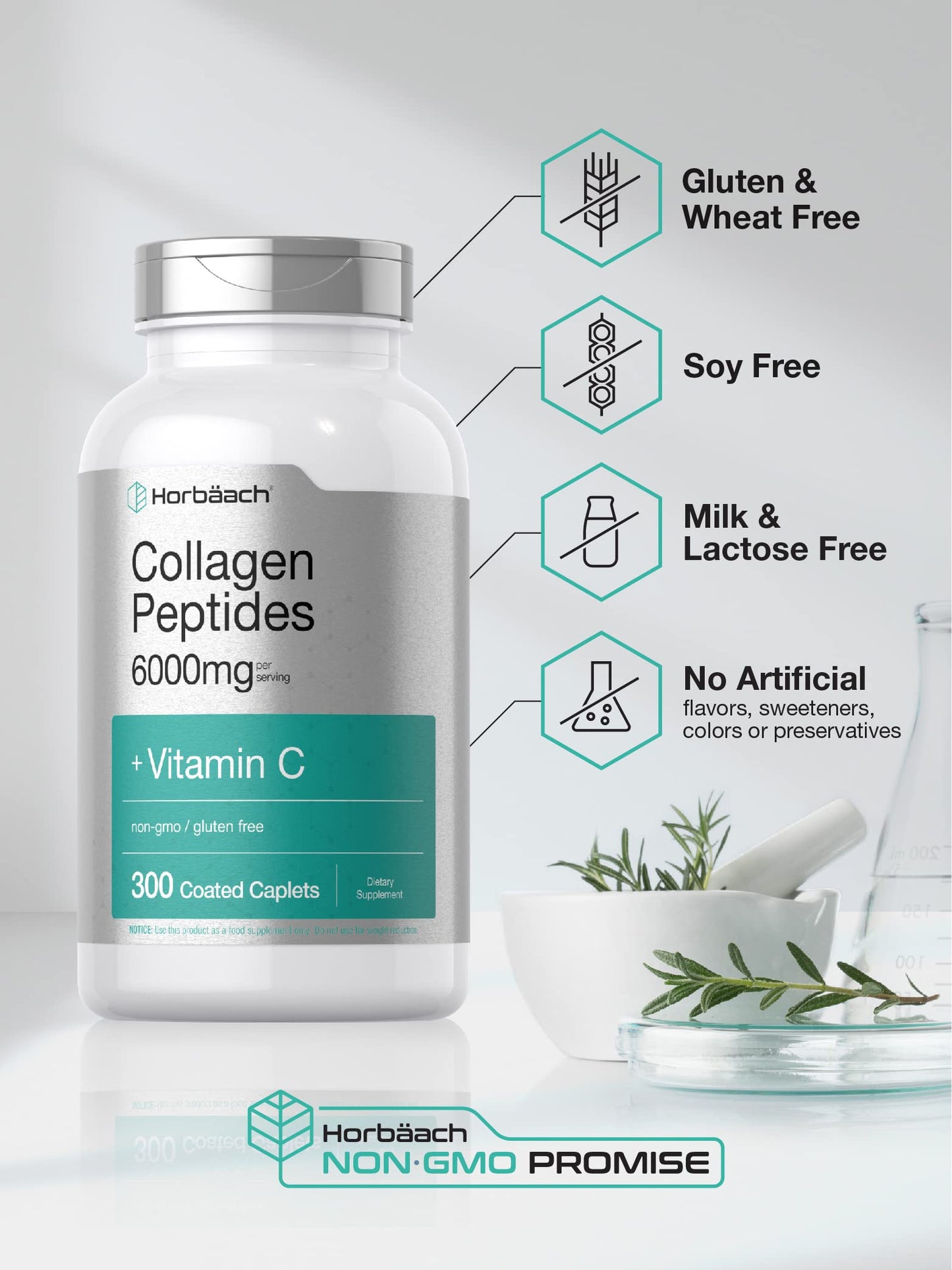 Horbäach Collagen Peptides 6000mg - 300 Caplets | Vitamin C | Hydrolyzed Collagen | Non-GMO, Gluten Free