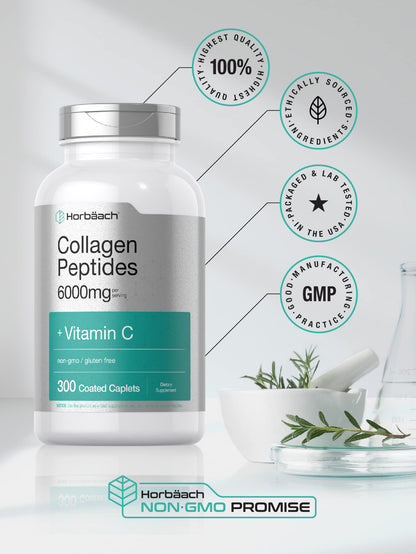 Horbäach Collagen Peptides 6000mg - 300 Caplets | Vitamin C | Hydrolyzed Collagen | Non-GMO, Gluten Free