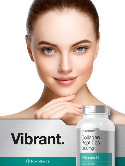 Horbäach Collagen Peptides 6000mg - 300 Caplets | Vitamin C | Hydrolyzed Collagen | Non-GMO, Gluten Free