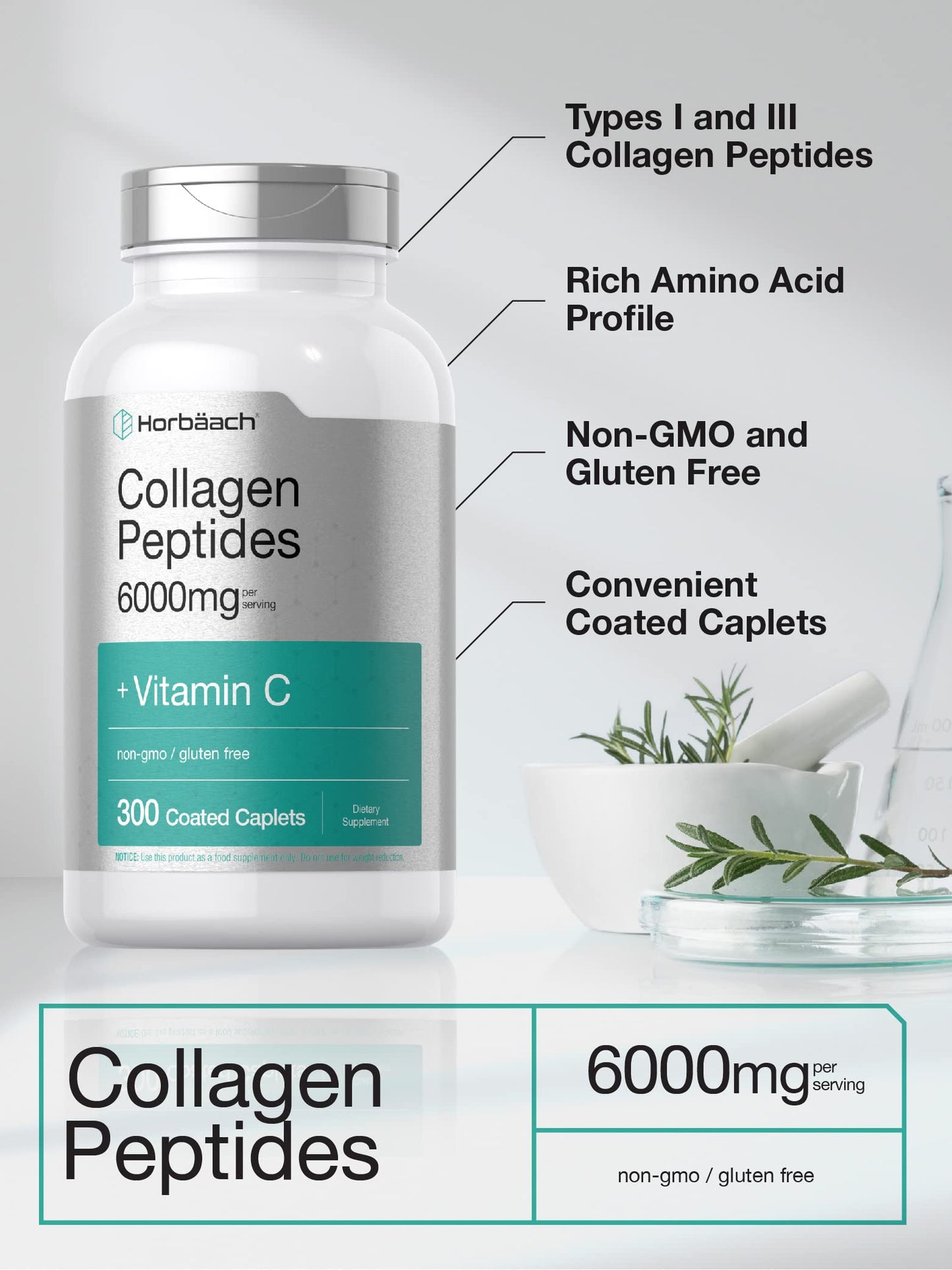 Horbäach Collagen Peptides 6000mg - 300 Caplets | Vitamin C | Hydrolyzed Collagen | Non-GMO, Gluten Free