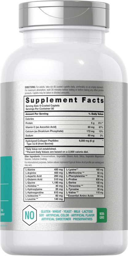Horbäach Collagen Peptides 6000mg - 300 Caplets | Vitamin C | Hydrolyzed Collagen | Non-GMO, Gluten Free