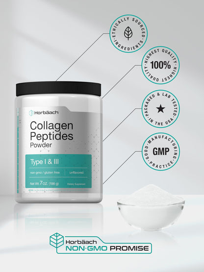Horbäach Collagen Peptides Powder 7oz – Type I & III, Unflavored, Gluten Free