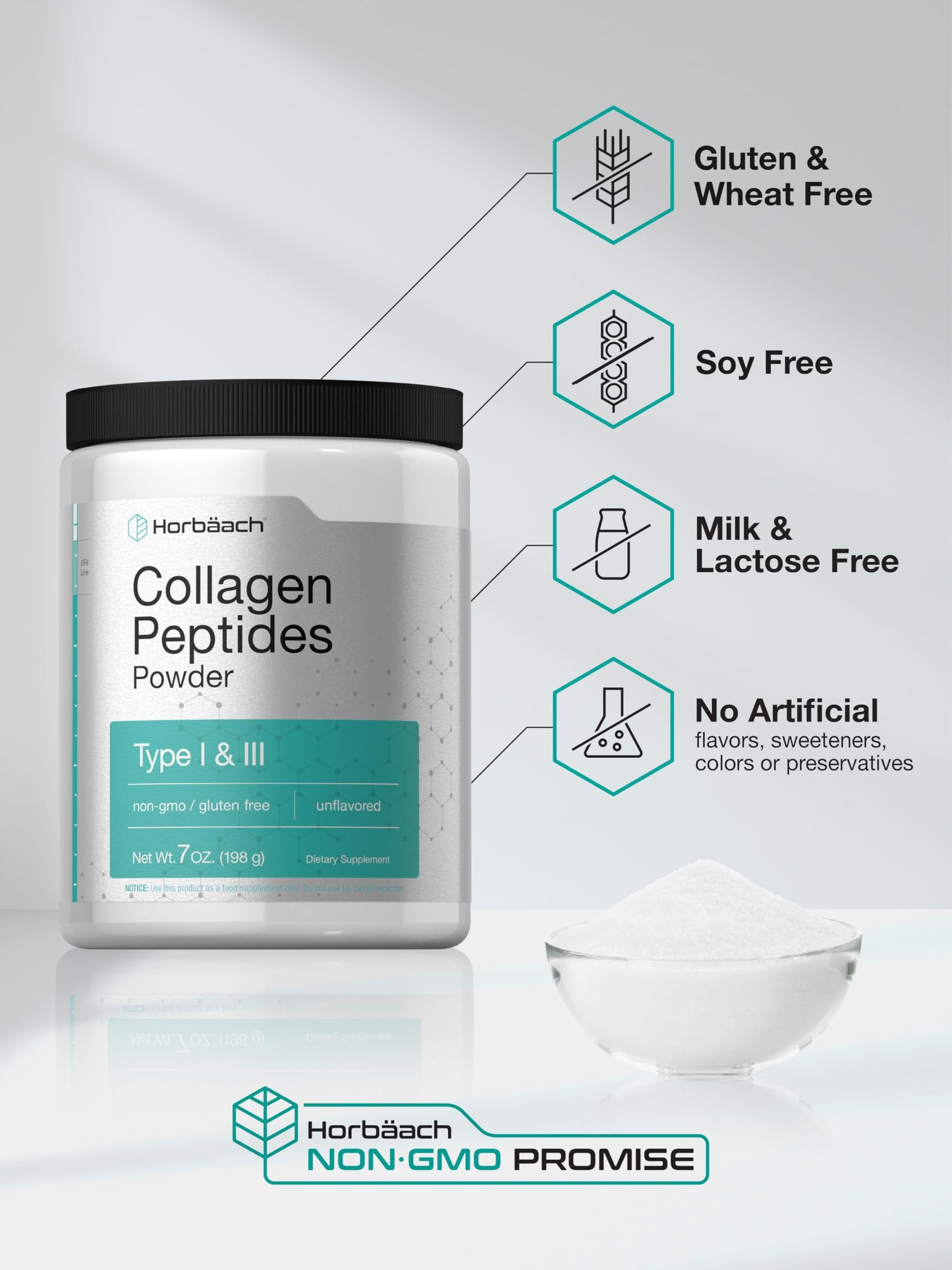 Horbäach Collagen Peptides Powder 7oz – Type I & III, Unflavored, Gluten Free