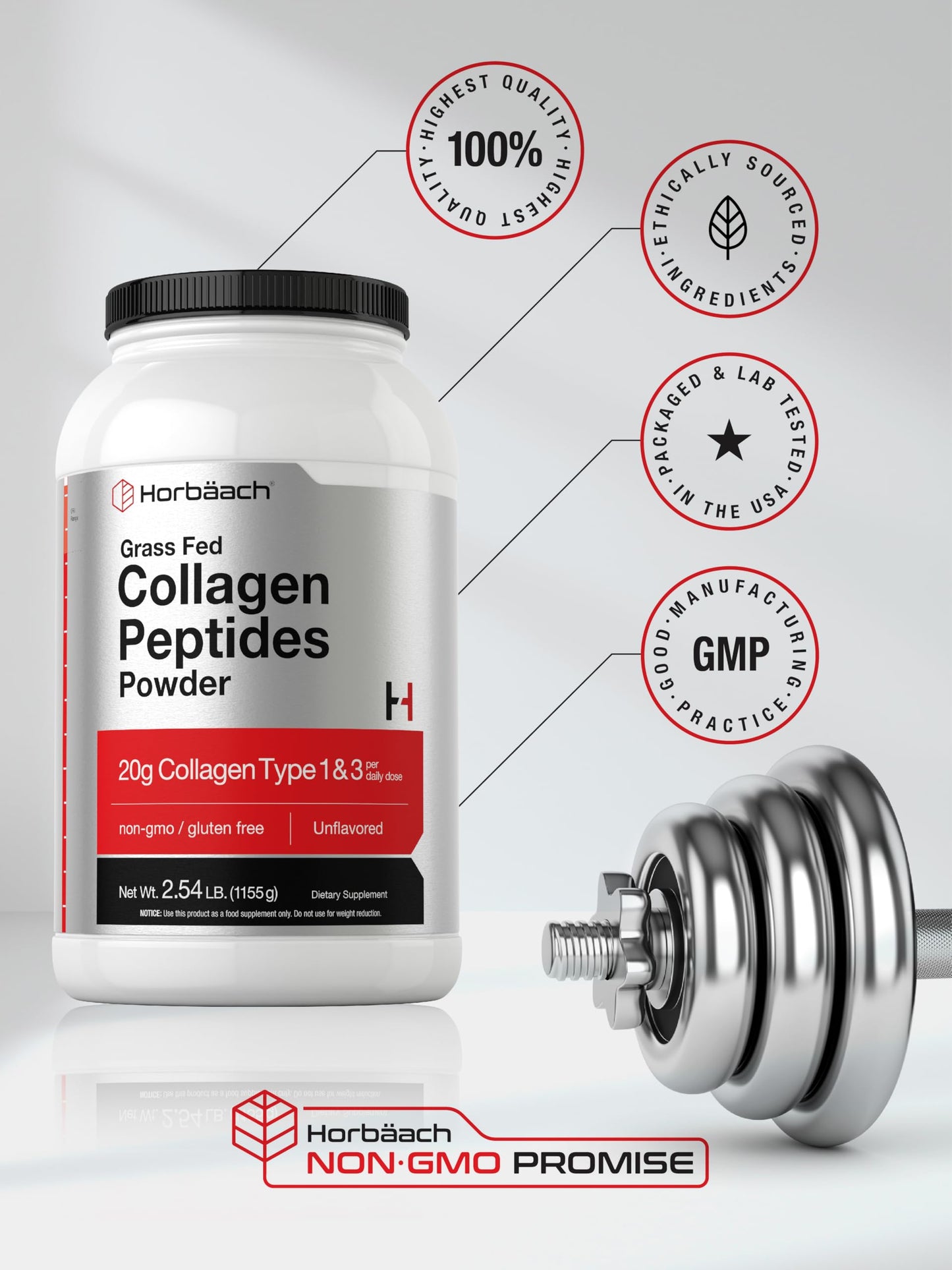 Horbaach Collagen Peptides Powder 40 oz – Unflavored, Grass-Fed Type I & III