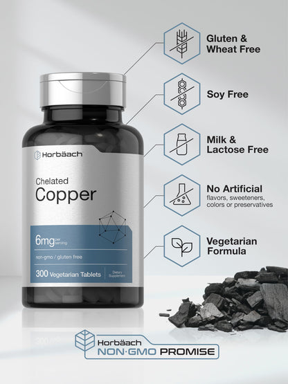 Horbäach Chelated Copper 6 mg - 300 Tablets (Pack of 2) | Vegetarian, Non-GMO, Gluten Free