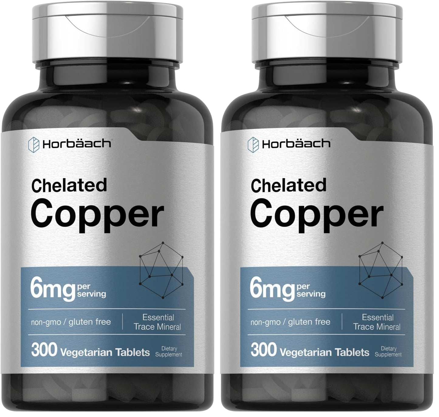 Horbäach Chelated Copper 6 mg - 300 Tablets (Pack of 2) | Vegetarian, Non-GMO, Gluten Free