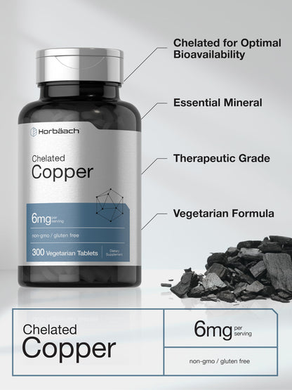 Horbäach Chelated Copper 6 mg - 300 Tablets (Pack of 2) | Vegetarian, Non-GMO, Gluten Free