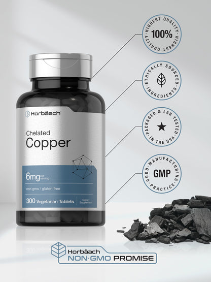 Horbäach Chelated Copper 6 mg - 300 Tablets (Pack of 2) | Vegetarian, Non-GMO, Gluten Free