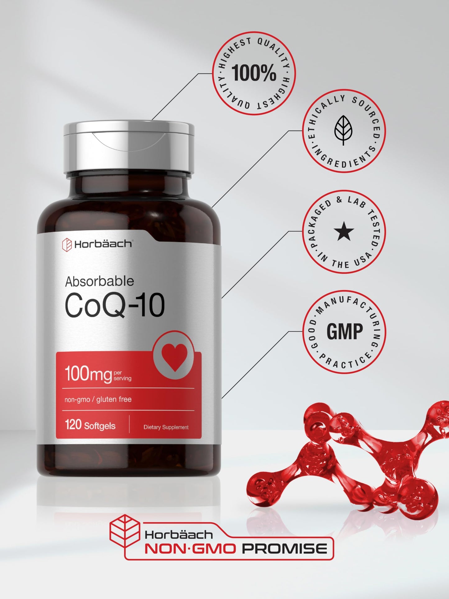 Horbäach CoQ10 100mg Softgels – 120 Count – Non-GMO & Gluten Free