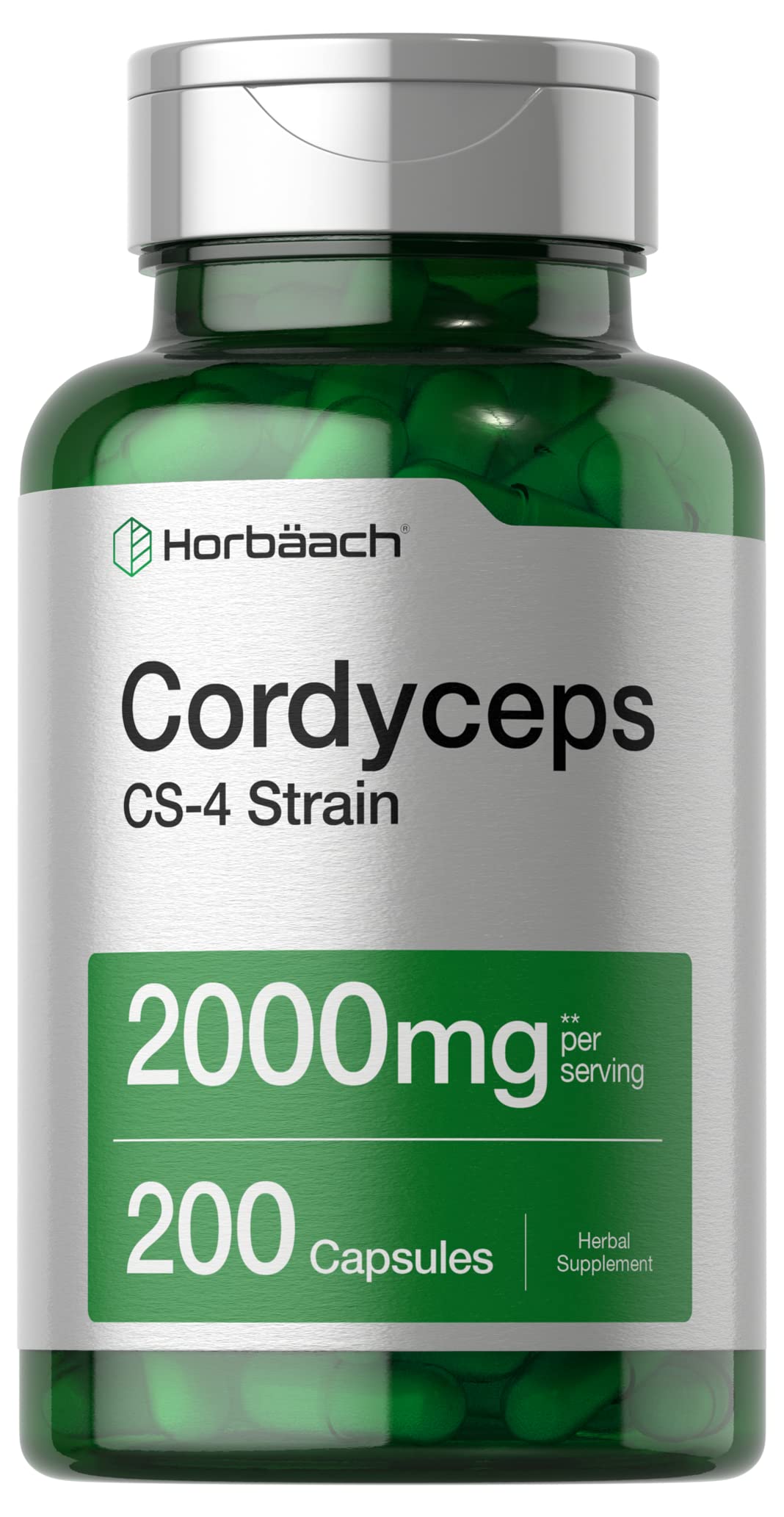 Horbäach Cordyceps Mushroom Capsules 2000mg | 200 Count | CS-4 Strain Cordyceps Sinesis | Non-GMO Herbal Supplement