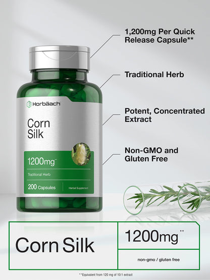 Horbäach Corn Silk Capsules 1200mg – 200 Count | Non-GMO, Gluten-Free