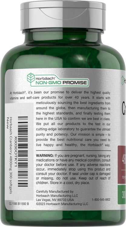 Horbäach Cranberry Pills 4800mg – 300 Softgels | Non-GMO, Gluten Free, From Concentrate