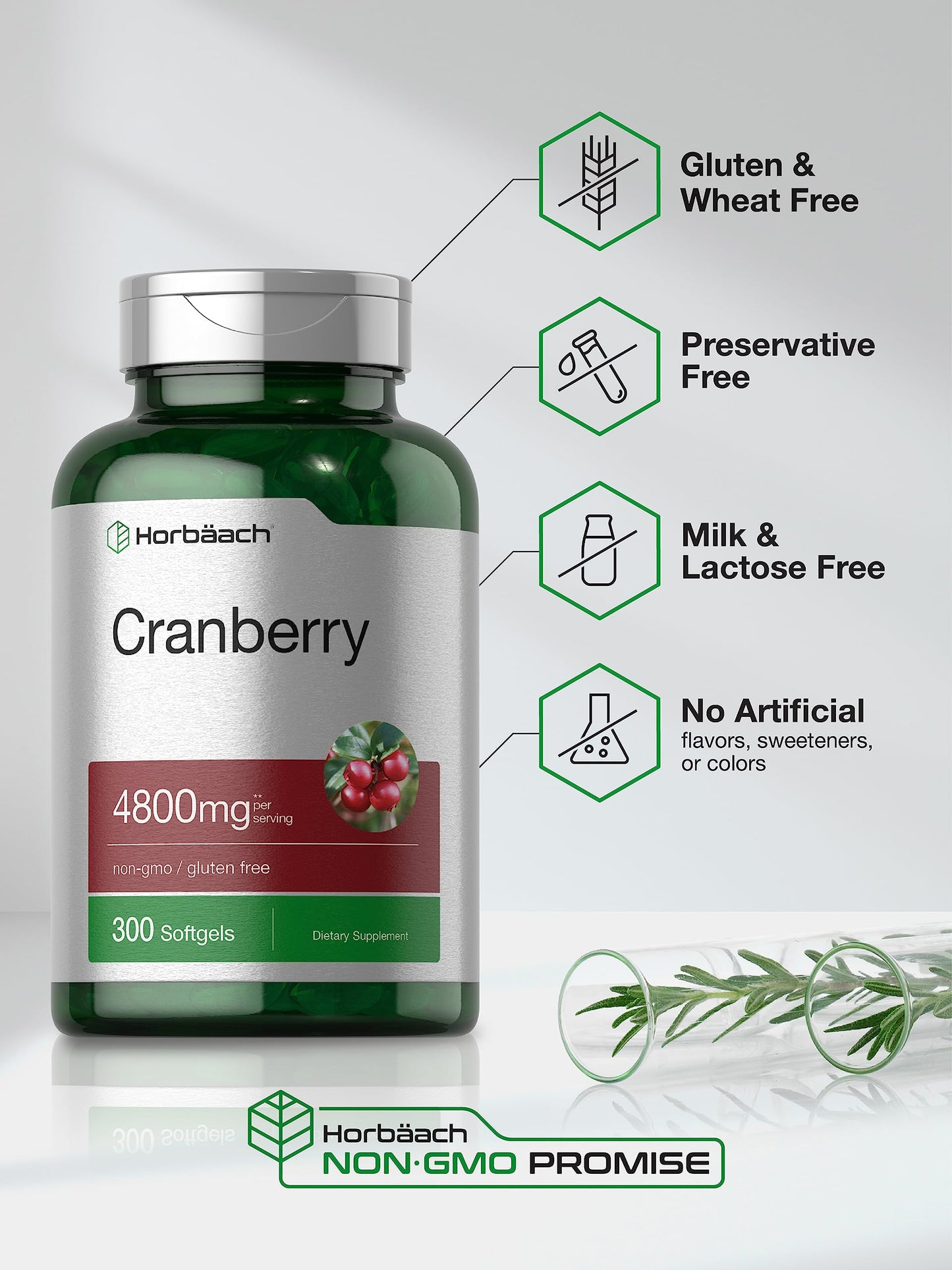 Horbäach Cranberry Pills 4800mg – 300 Softgels | Non-GMO, Gluten Free, From Concentrate