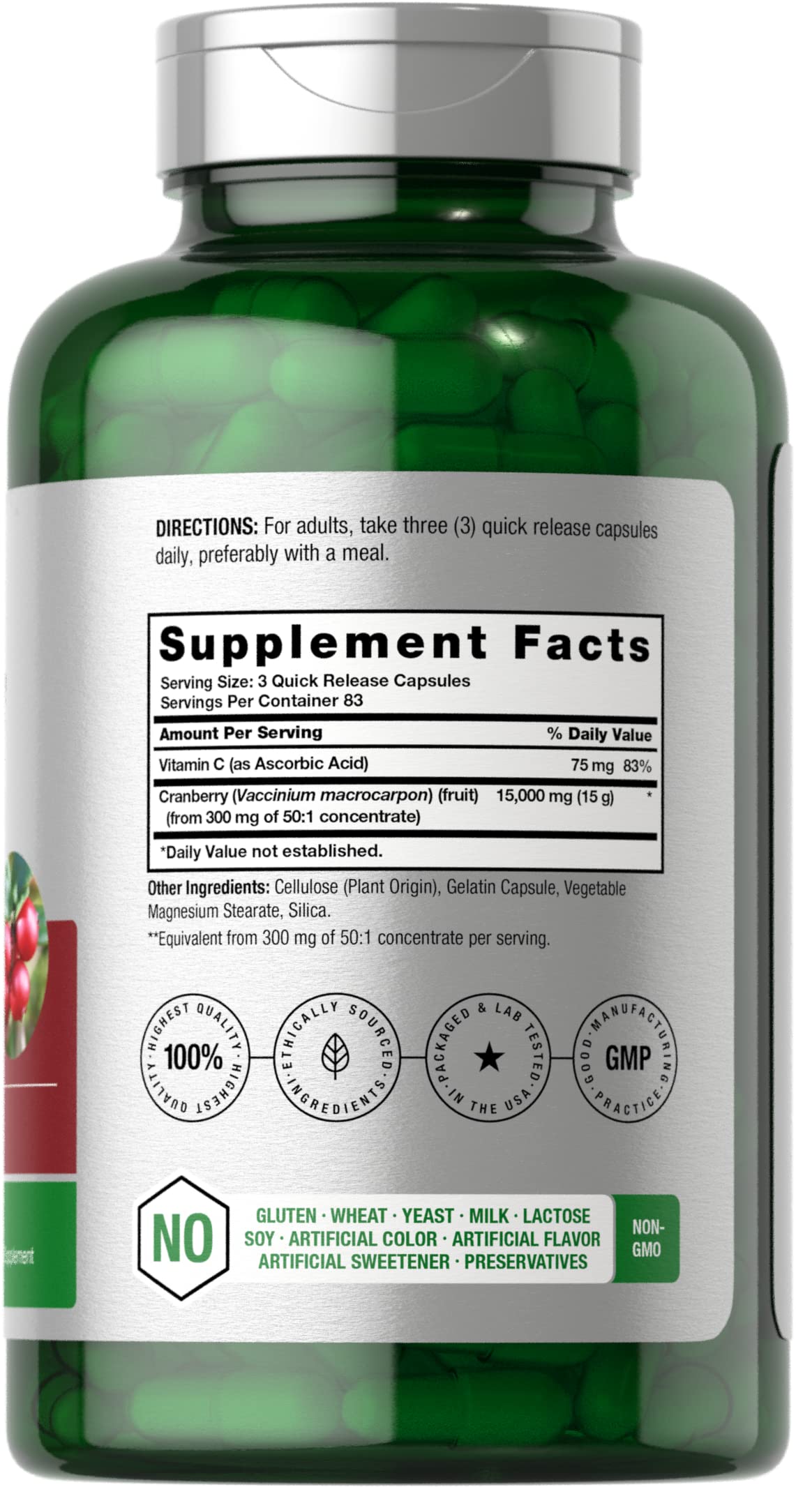 Horbäach Cranberry Pills + Vitamin C – 15,000mg, 250 Capsules | Non-GMO & Gluten Free (Concentrate Extract)