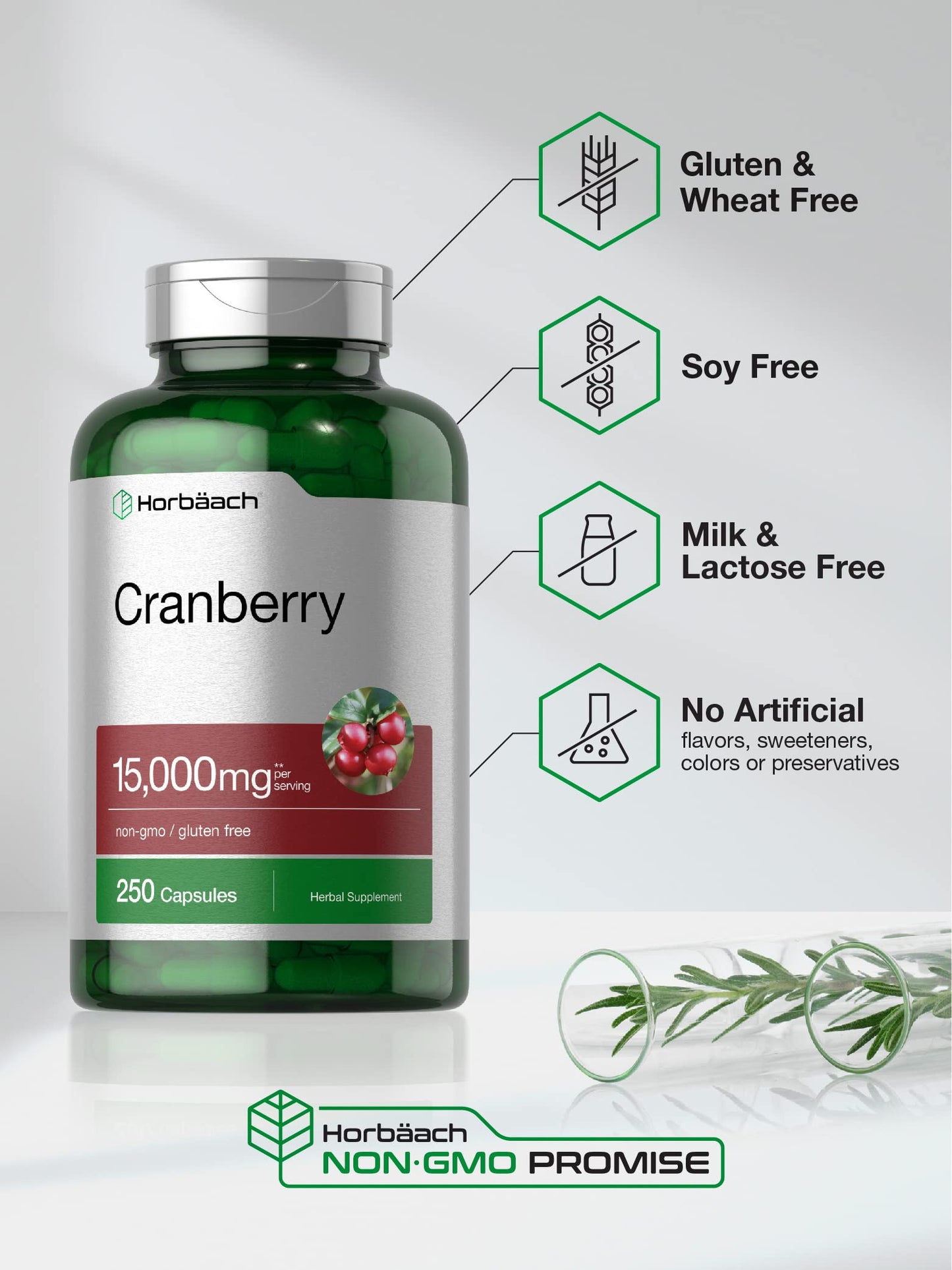 Horbäach Cranberry Pills + Vitamin C – 15,000mg, 250 Capsules | Non-GMO & Gluten Free (Concentrate Extract)