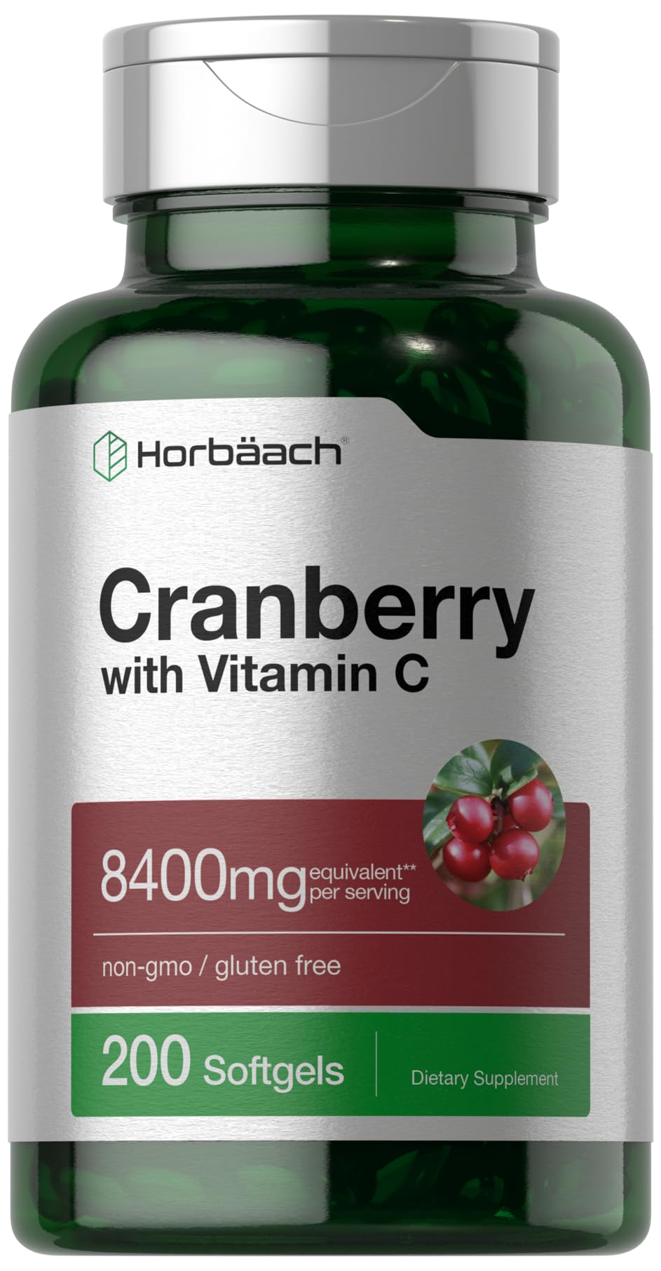 Horbäach Cranberry Pills for Women and Men – 8,400 mg per Serving, 200 Softgels | Vitamin C | Non-GMO, Gluten Free