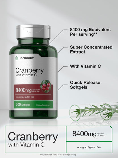 Horbäach Cranberry Pills for Women and Men – 8,400 mg per Serving, 200 Softgels | Vitamin C | Non-GMO, Gluten Free