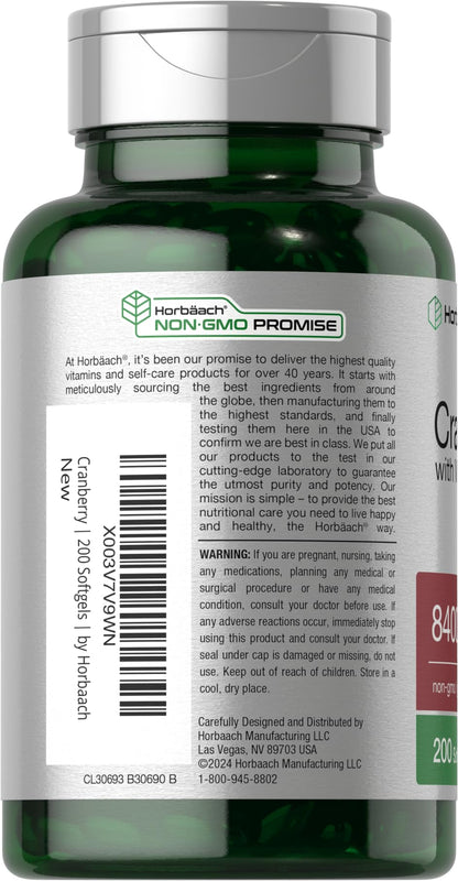 Horbäach Cranberry Pills for Women and Men – 8,400 mg per Serving, 200 Softgels | Vitamin C | Non-GMO, Gluten Free