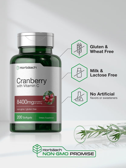 Horbäach Cranberry Pills for Women and Men – 8,400 mg per Serving, 200 Softgels | Vitamin C | Non-GMO, Gluten Free