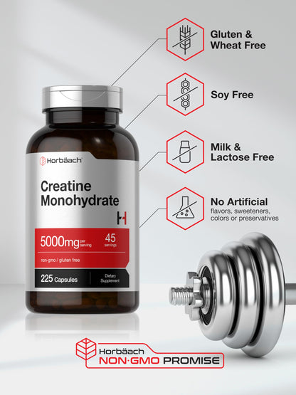 Horbäach Creatine Monohydrate 5g - 225 Capsules | Non-GMO, Gluten Free