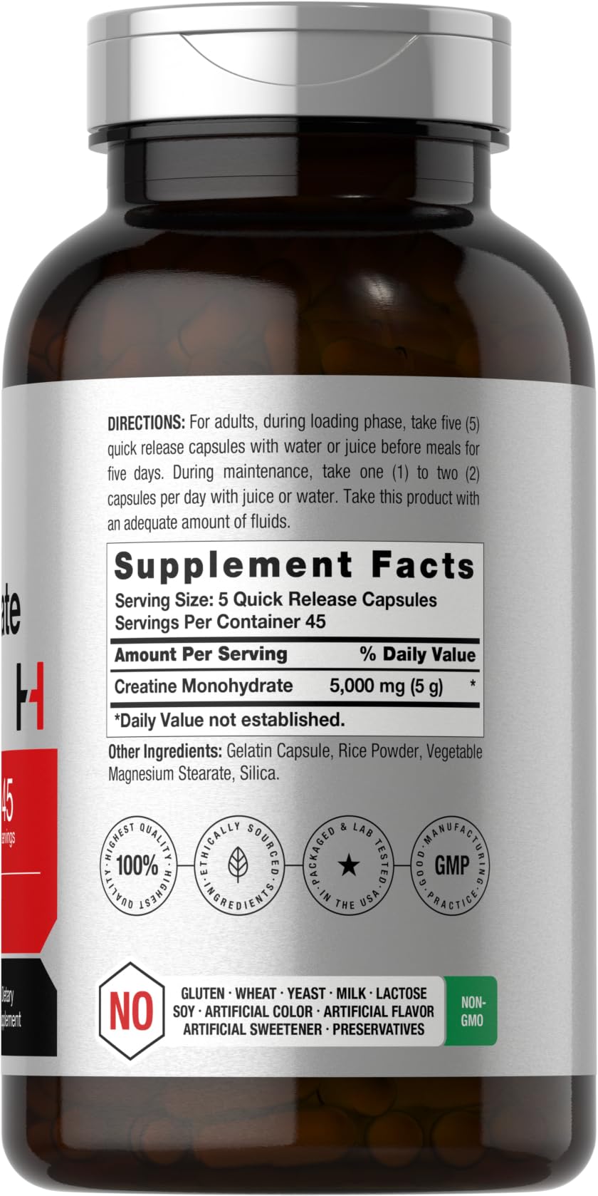 Horbäach Creatine Monohydrate 5g - 225 Capsules | Non-GMO, Gluten Free