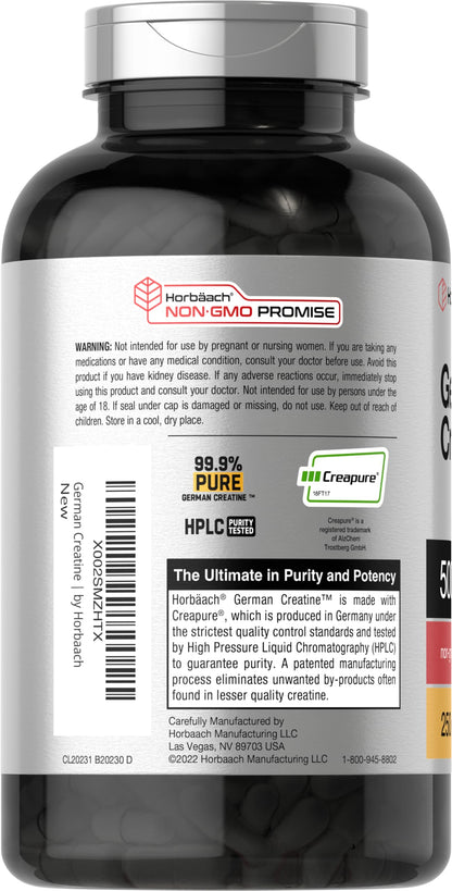 Horbaach German Creatine Monohydrate 5000mg | 250 Capsules | Non-GMO & Gluten Free