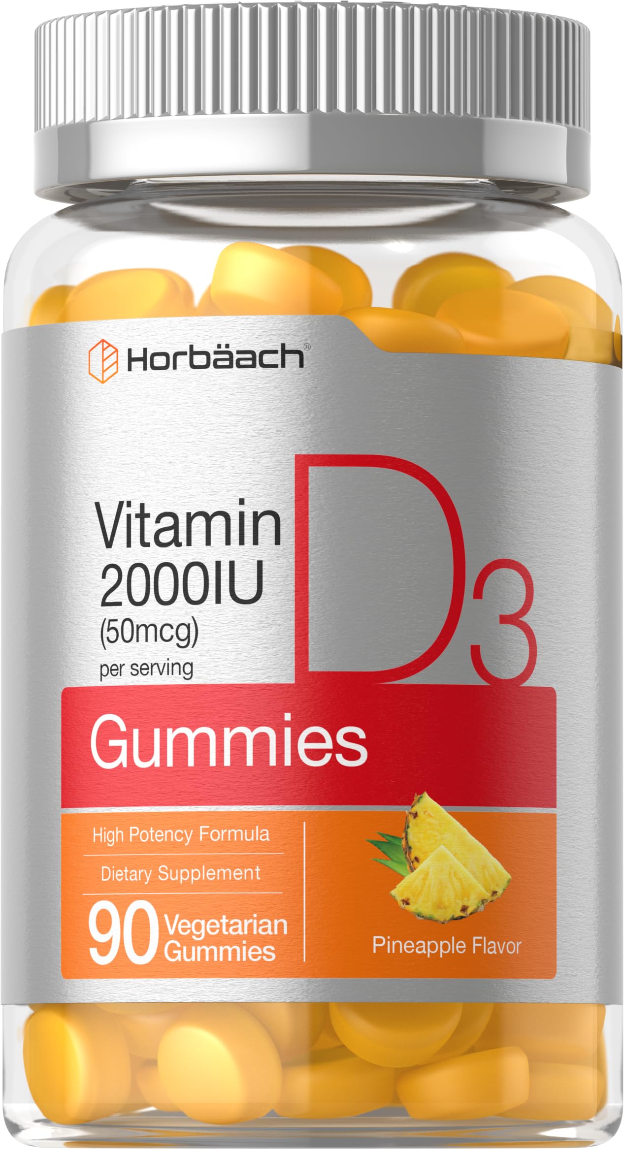 Horbäach Vitamin D3 2000 IU Gummies - 90 Count, Pineapple Flavor, Vegetarian, Non-GMO, Gluten Free