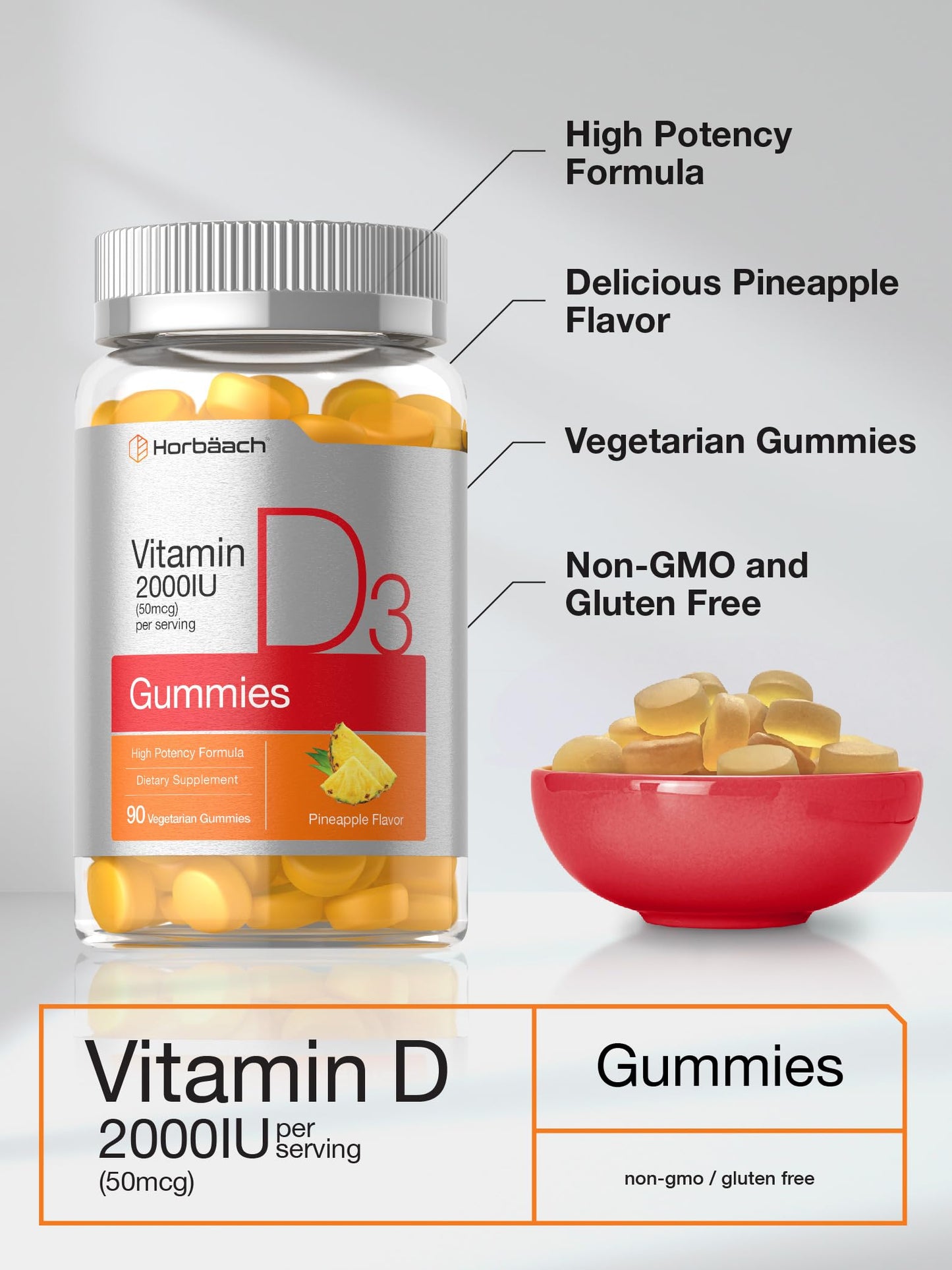 Horbäach Vitamin D3 2000 IU Gummies - 90 Count, Pineapple Flavor, Vegetarian, Non-GMO, Gluten Free